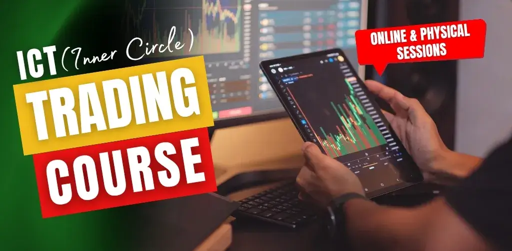 Person holding a tablet with a live trading chart while analyzing multiple candlestick charts on a large monitor, featuring bold text promoting the ICT (Inner Circle Trader) Trading Course with an “Online & Physical Sessions” badge.